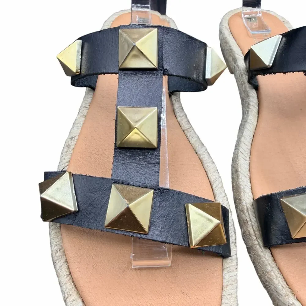 Maypol Studded Leather Espadrille Sandals Black Gold EU 38 US 7.5